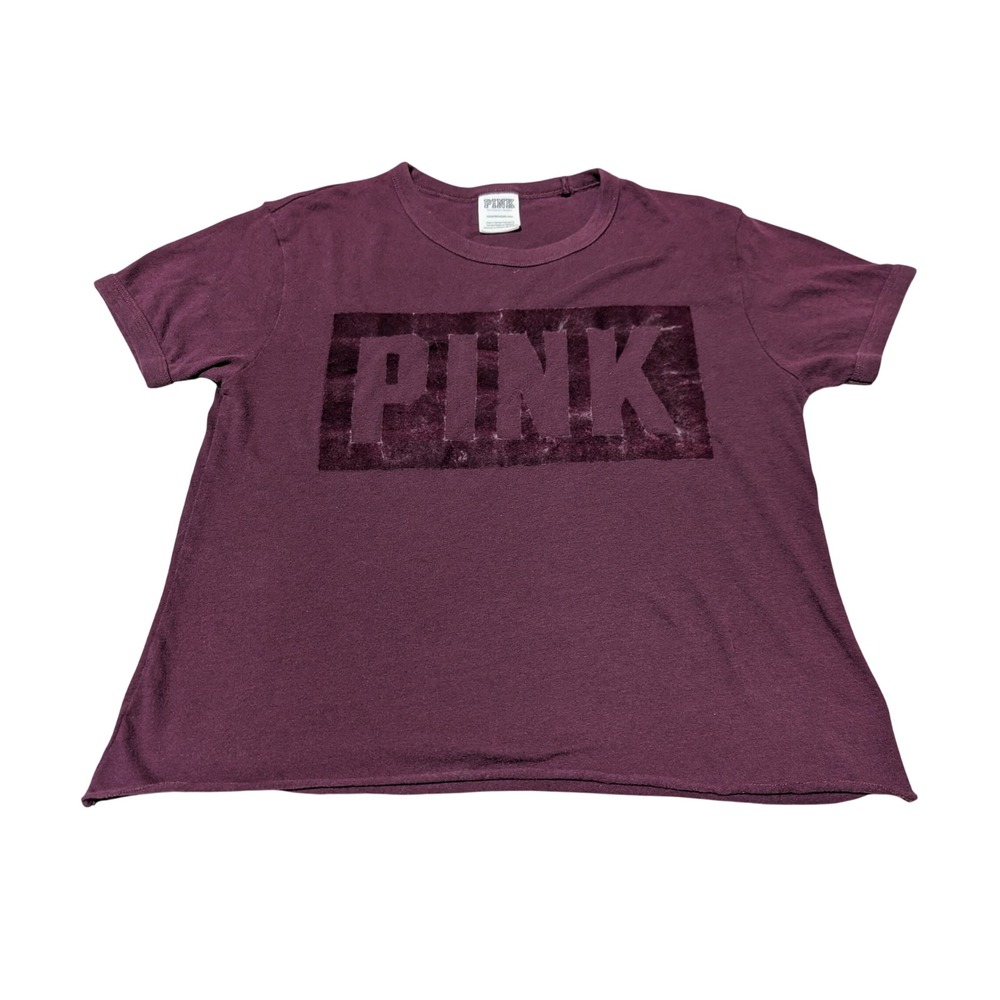 PINK T-Shirt Women XS Burgundy Victoria's‎ Secret Velvet Logo Raw Hem Casual Tee